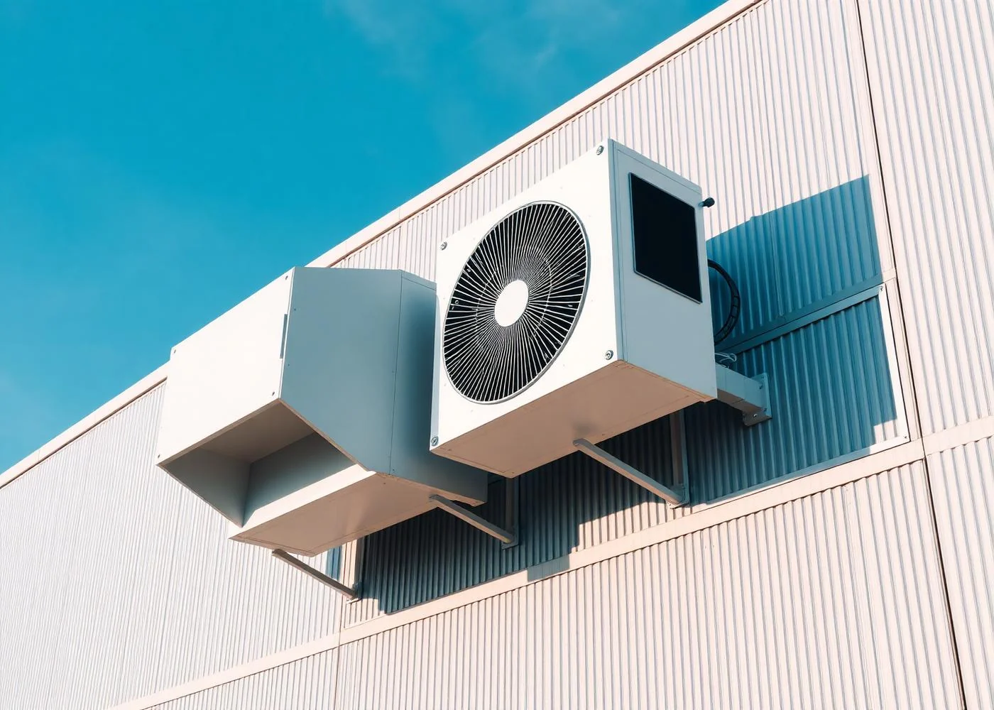 Climatizador evaporativo NIM instalado em fachada de galpão pela Solução Brisa